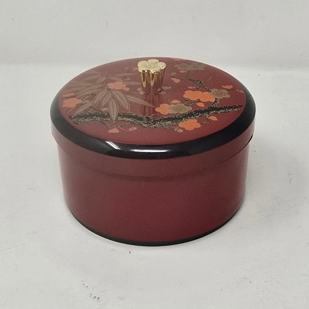 Vtg Japanese Maki-e Lacquer trinket box red round lidded cherry blossom